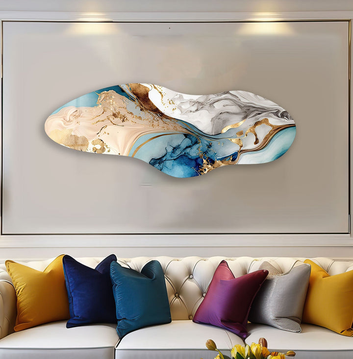 Irregular Asymmetrical Golden Blue Glass Wall Art glass pictures for Wall, glass prints wall art
