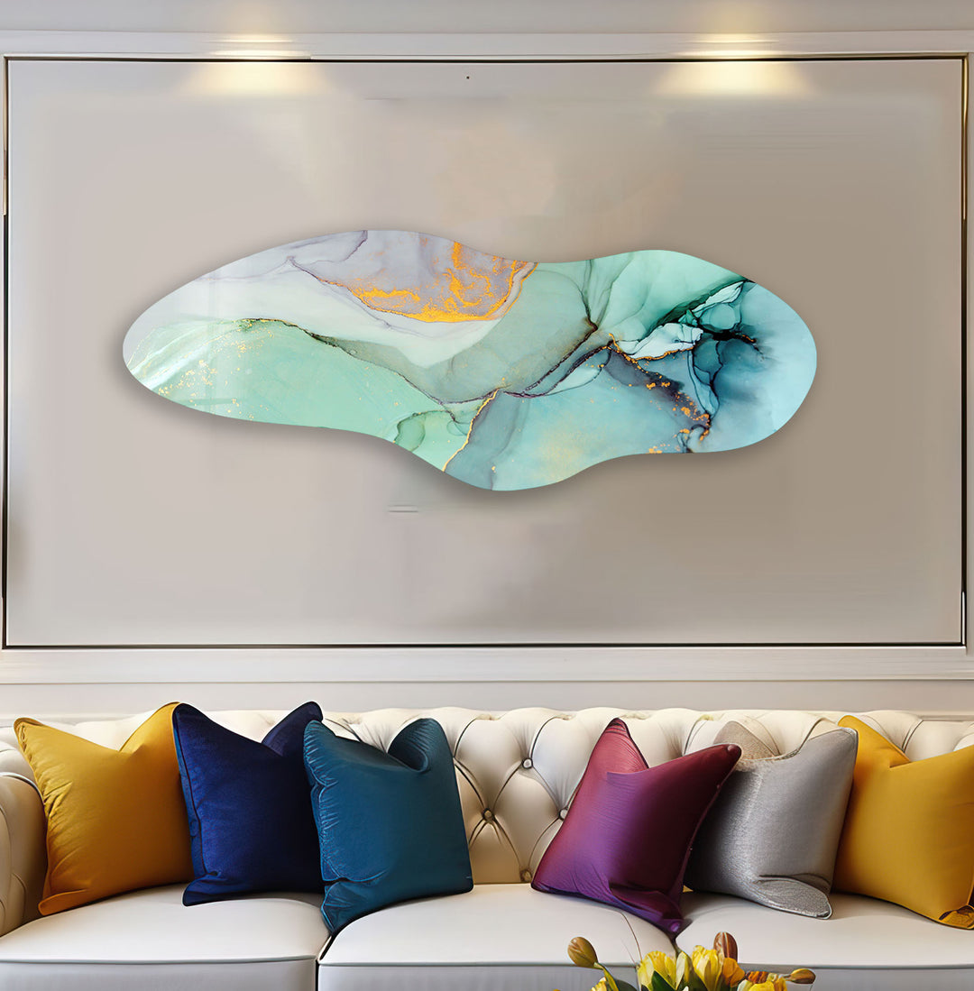 Irregular Asymmetrical Turquoise Glass Wall Art, print picture on glass, Tempered Glass Wall Art
