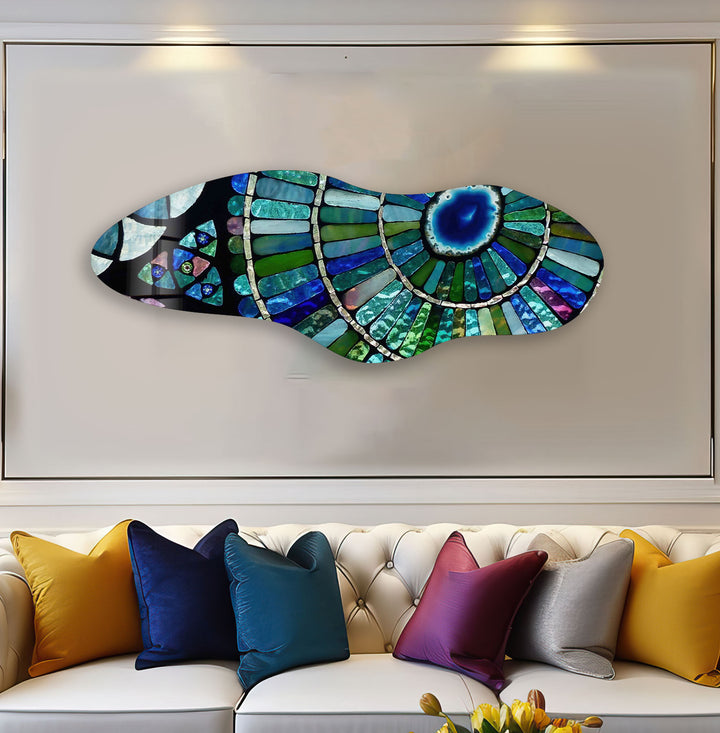 Stylish Blue Stained Asymmetrical Glass Wall Art, print on glass, glass printed photos
