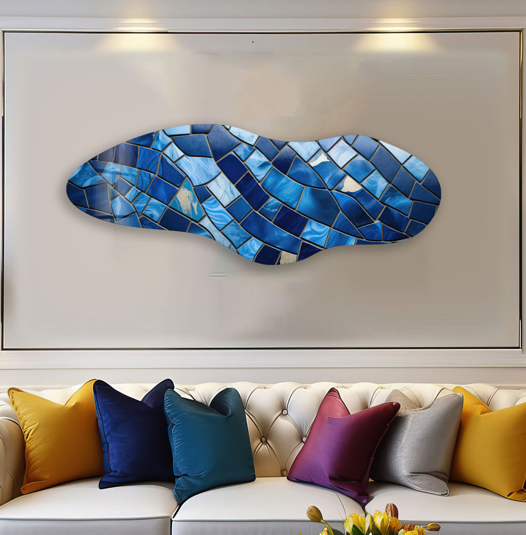 Blue Stained Pattern Asymmetrical Glass Wall Art, Glass Printing Wall Art, Print photos on glass
