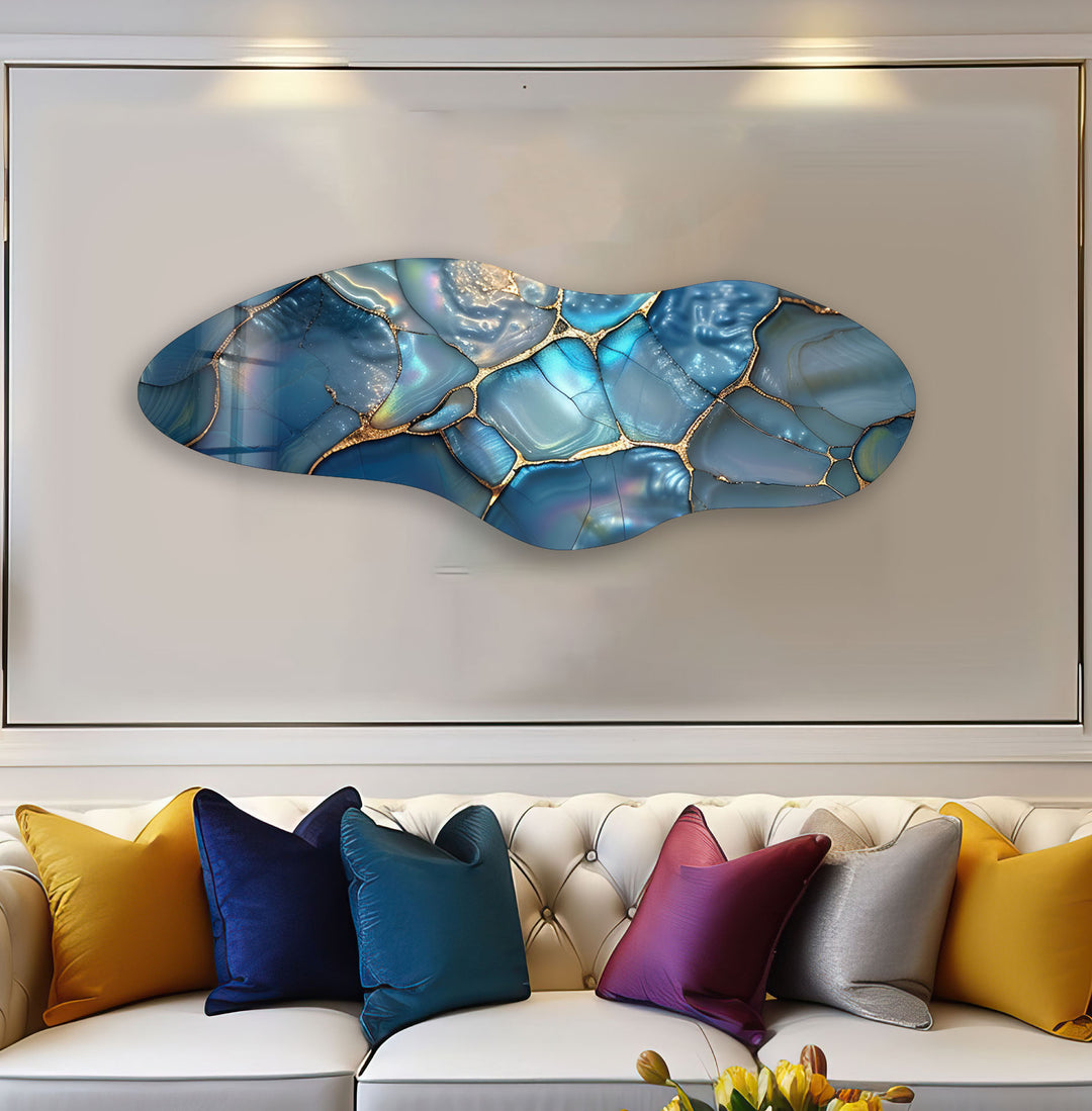 Blue Pearl Sparkle Asymmetrical Glass Wall Art, print on glass, glass printed photos

