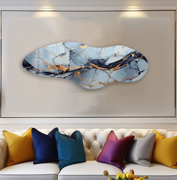 Gold & Blue Marble Irregular Glass Wall Art, glass art painting, glass art for the Wall
