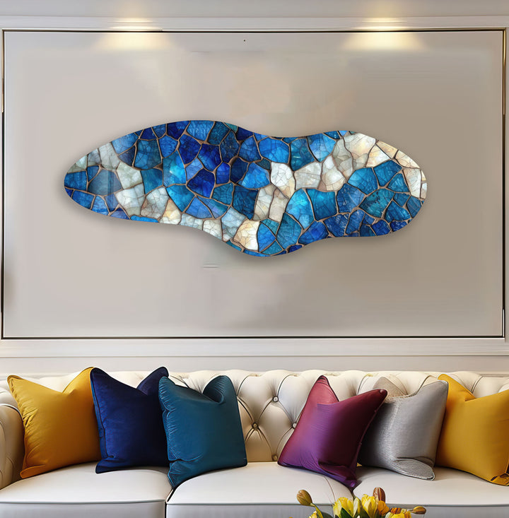 Blue & White Stained Asymmetrical Glass Wall Art, print picture on glass, Tempered Glass Wall Art
