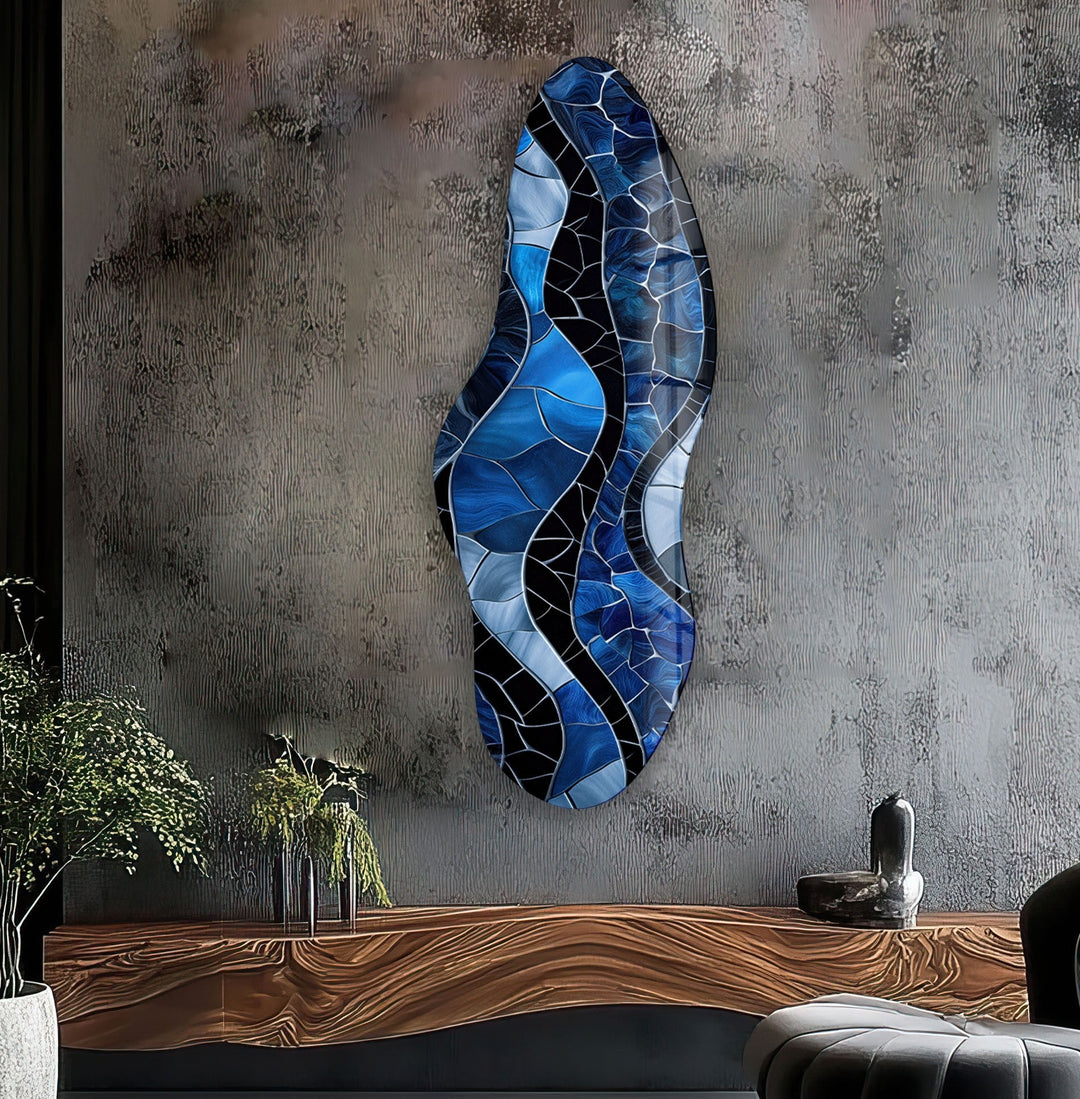 Irregular Asymmetrical Stained Dark Blue Glass Wall Art large glass photo prints, glass wall photos
