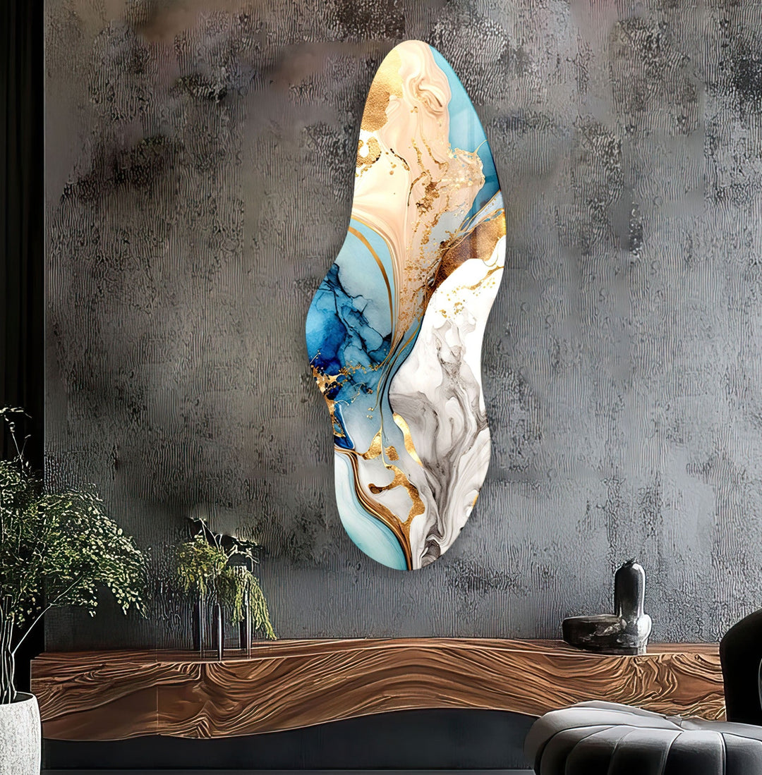 Irregular Asymmetrical Golden Blue Glass Wall Art Glass Printing Wall Art, Print photos on glass
