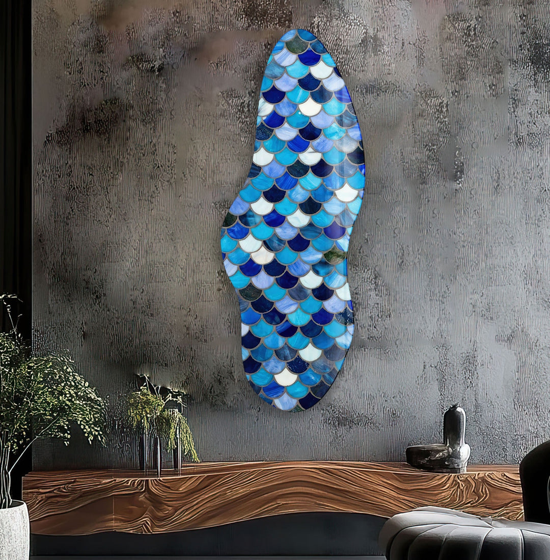 Irregular Asymmetrical Fish Scale Glass Wall Art print picture on glass, Tempered Glass Wall Art
