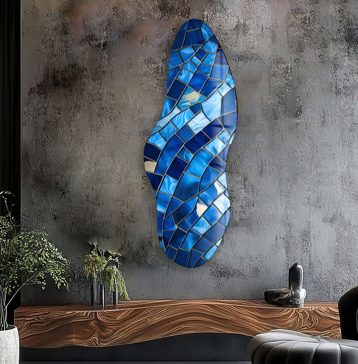 Blue Stained Pattern Asymmetrical Glass Wall Art, glass art painting, glass art for the Wall
