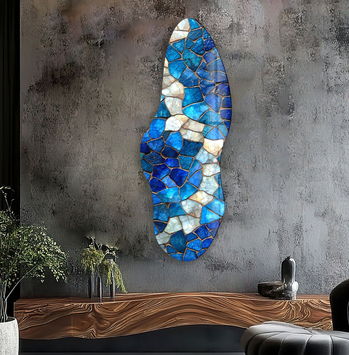 Blue & White Stained Asymmetrical Glass Wall Art, Glass Printing Wall Art, Print photos on glass
