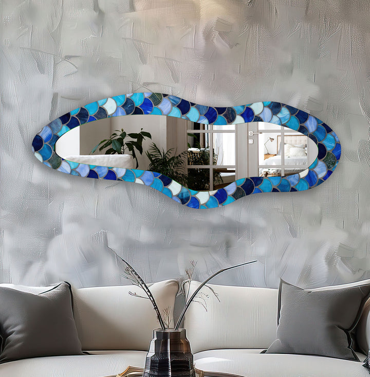 Blue Stained Irregular Long Glass Wall Mirror