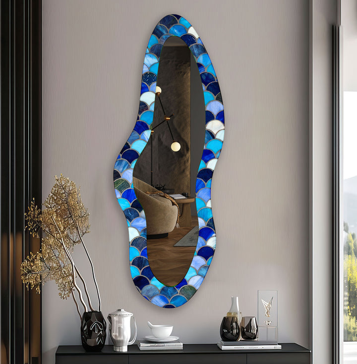 Blue Stained Irregular Long Glass Wall Mirror