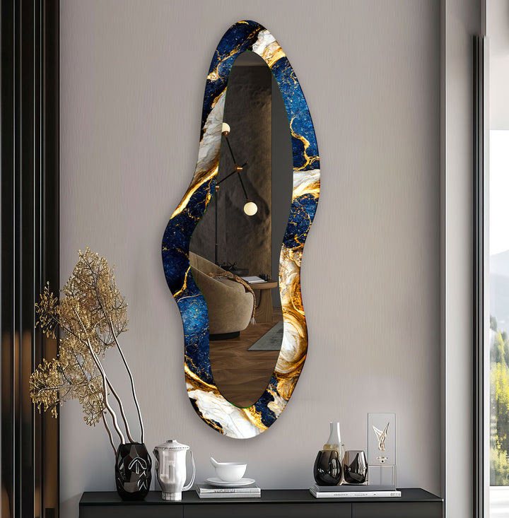 Irregular Gold - Blue Marble Long Entryway Mirror