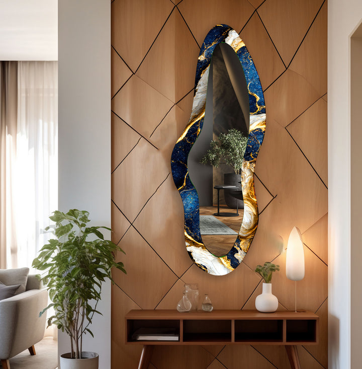 Irregular Gold - Blue Marble Long Entryway Mirror