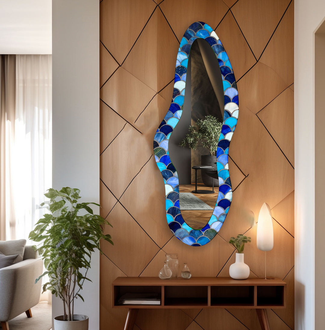 Blue Stained Irregular Long Glass Wall Mirror