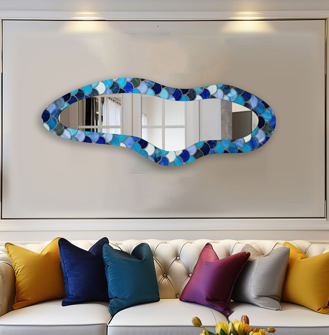 Blue Stained Irregular Long Glass Wall Mirror