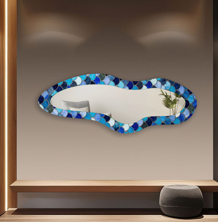 Blue Stained Irregular Long Glass Wall Mirror