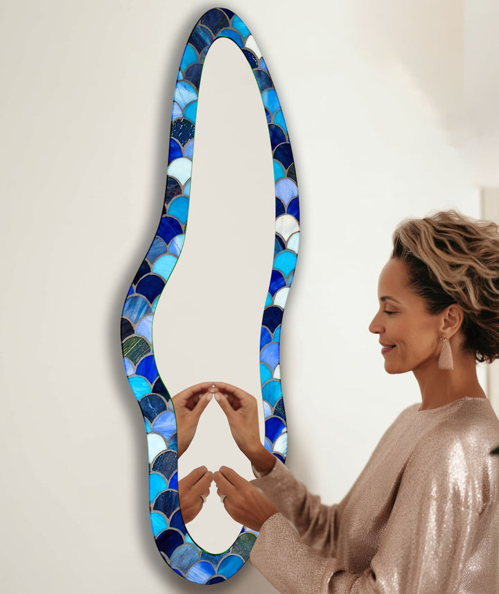 Blue Stained Irregular Long Glass Wall Mirror