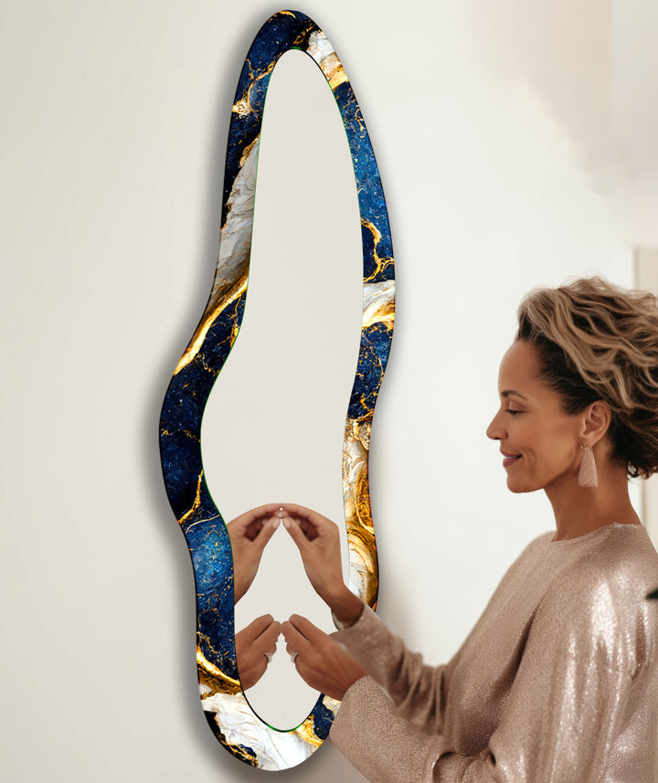 Irregular Gold - Blue Marble Long Entryway Mirror