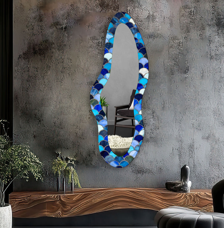 Blue Stained Irregular Long Glass Wall Mirror