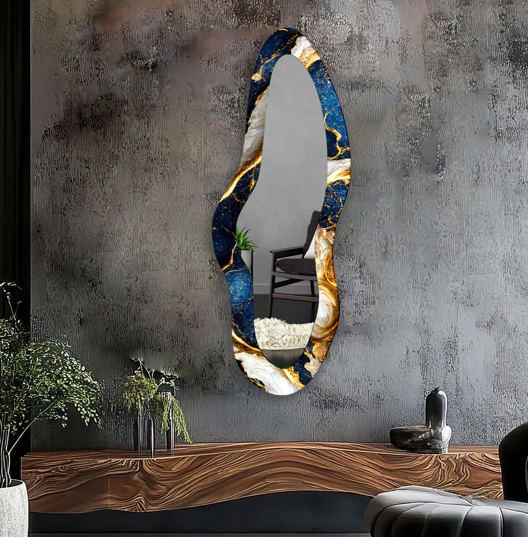 Irregular Gold - Blue Marble Long Entryway Mirror