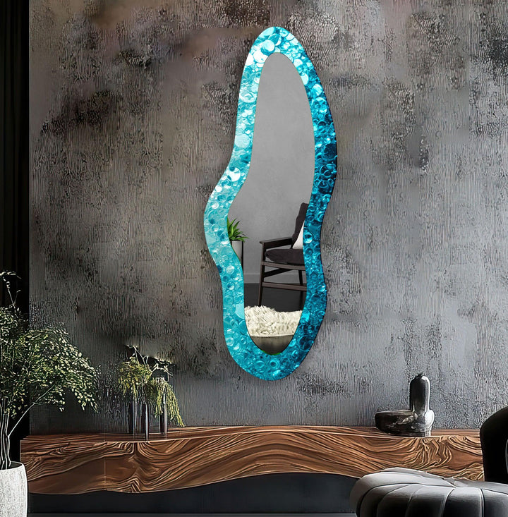 Blue Irregular Shape Glass Wall Mirror