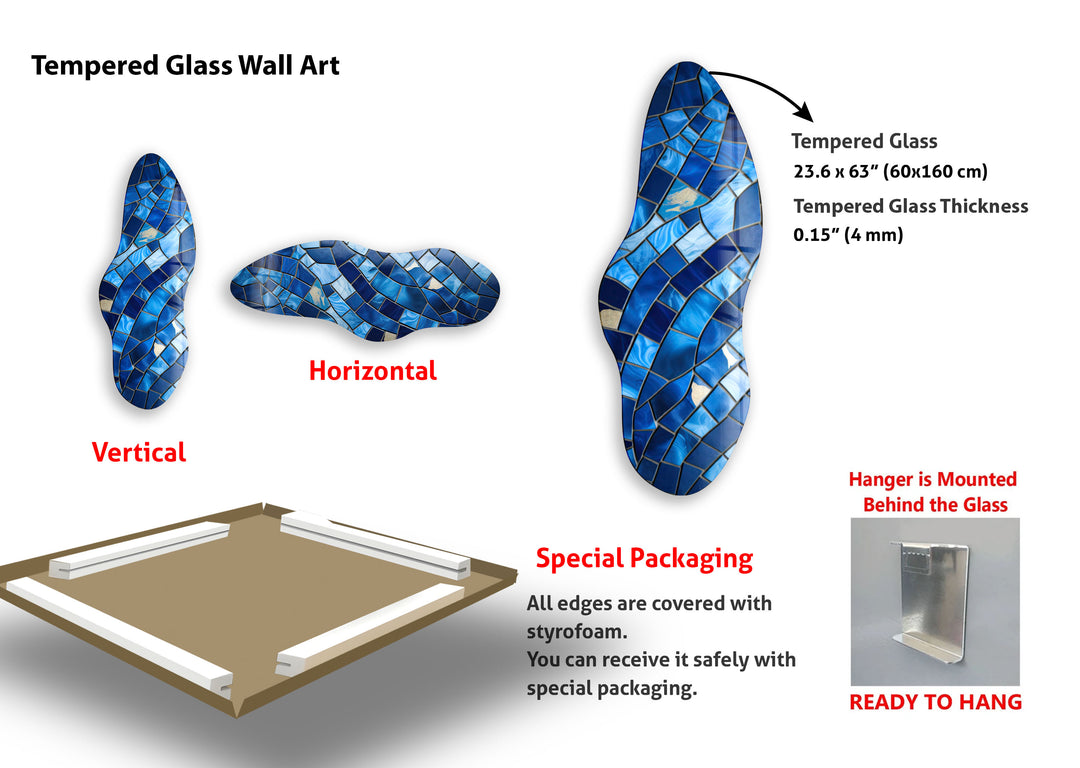 Blue Stained Pattern Asymmetrical Glass Wall Art, glass pictures for Wall, glass prints wall art
