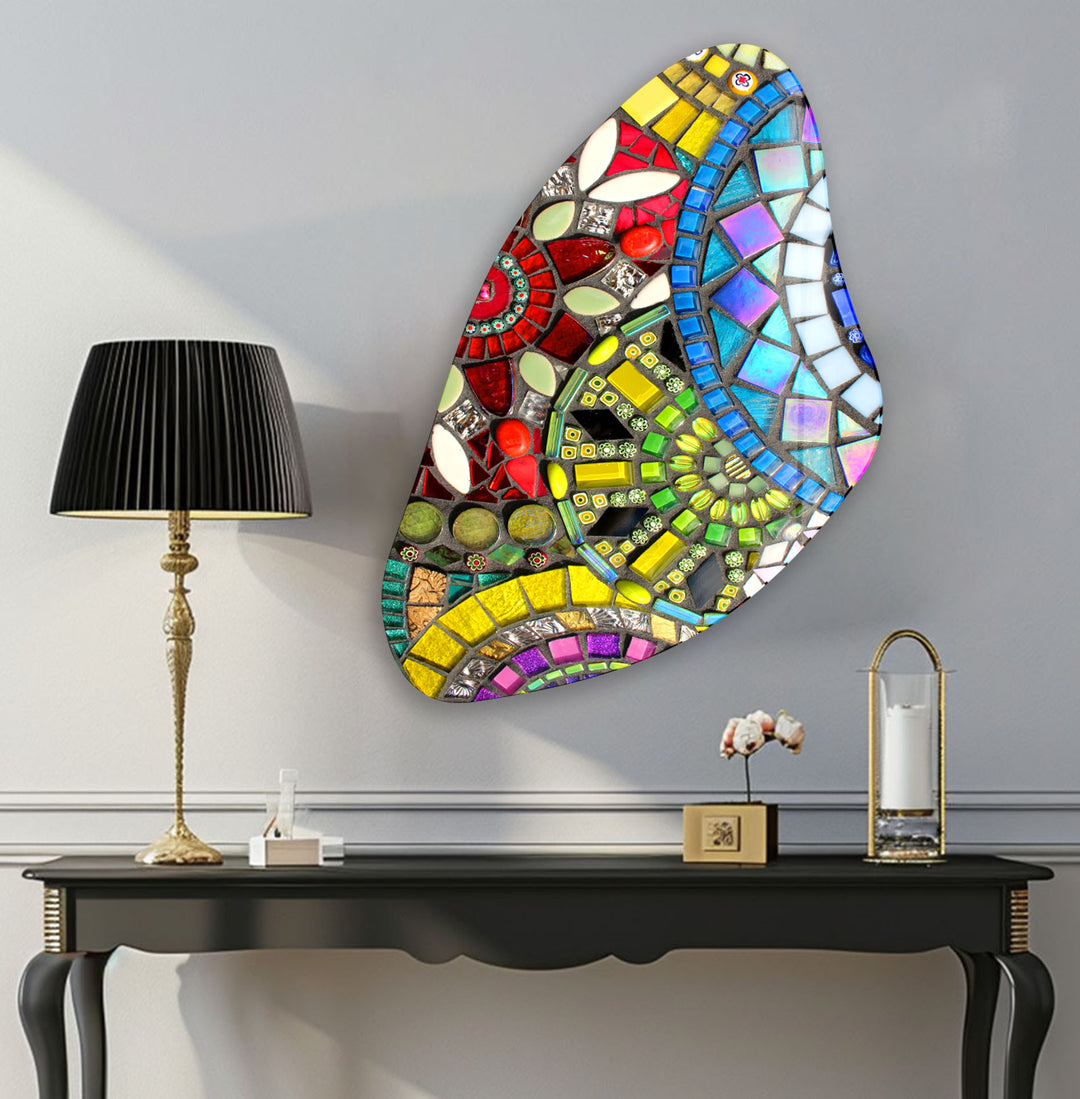 Yellow & Red Mosaic Asymmetrical Glass Wall Art, custom glass photo prints, large glass prints
