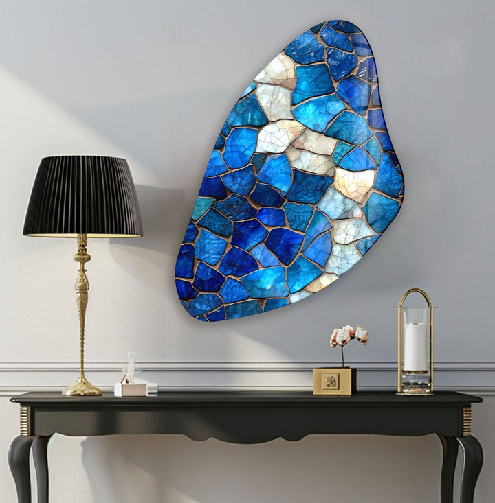 Aesthetic Blue Mosaic Asymmetrical Glass Wall Art, glass photo prints, glass picture prints
