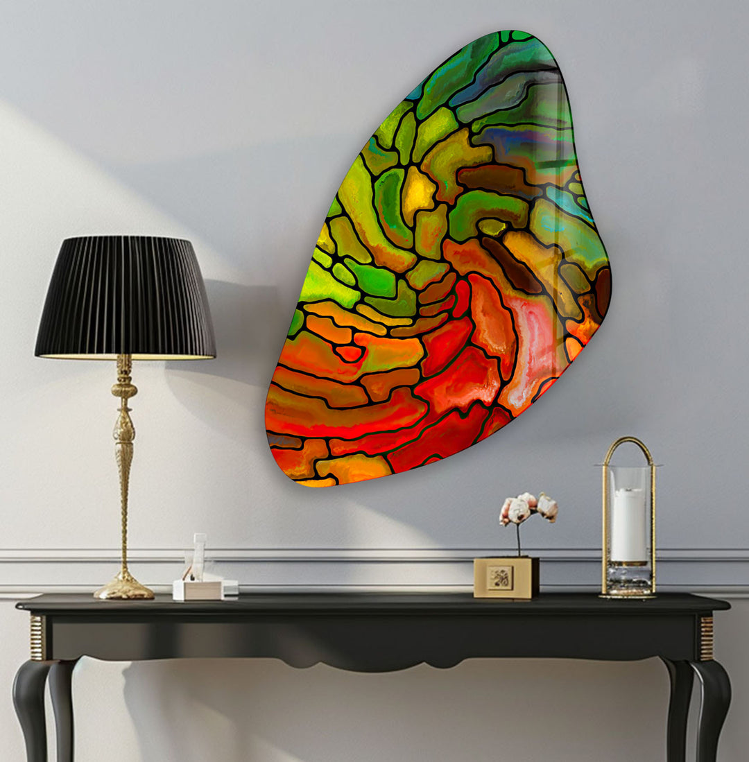 Green & Red Stained Irregular Glass Wall Art, picture on glass wall art, photos printed on glass
