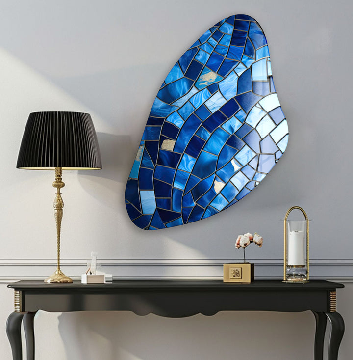 Blue Mosaic Style Aesthetic Glass Wall Art, print picture on glass, Tempered Glass Wall Art
