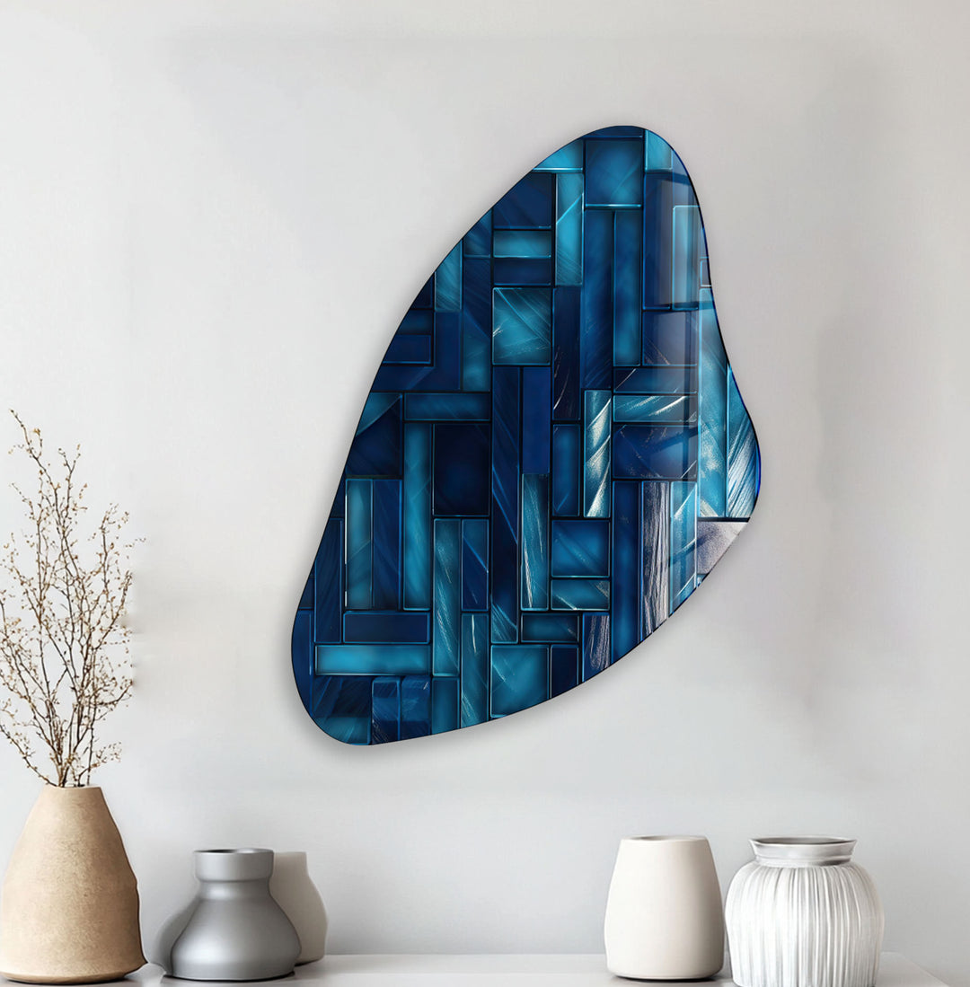 Blue Mosaic Tile Irregular Glass Wall Art, print on glass, glass printed photos

