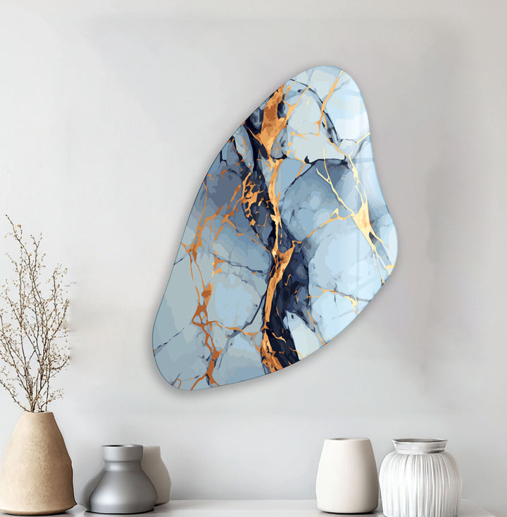 Gold & Blue Marbled Aesthetic Glass Wall Art, glass pictures for Wall, glass prints wall art
