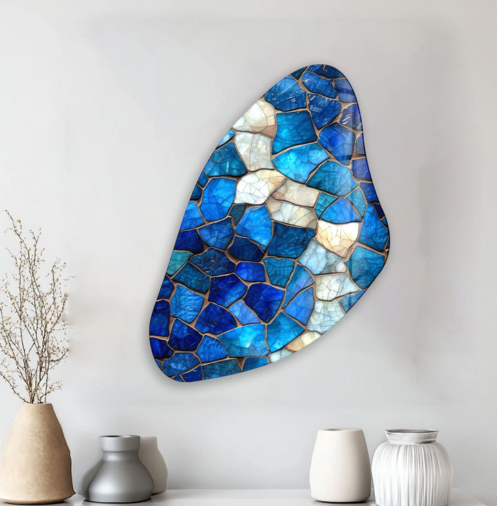 Aesthetic Blue Mosaic Asymmetrical Glass Wall Art, print picture on glass, Tempered Glass Wall Art

