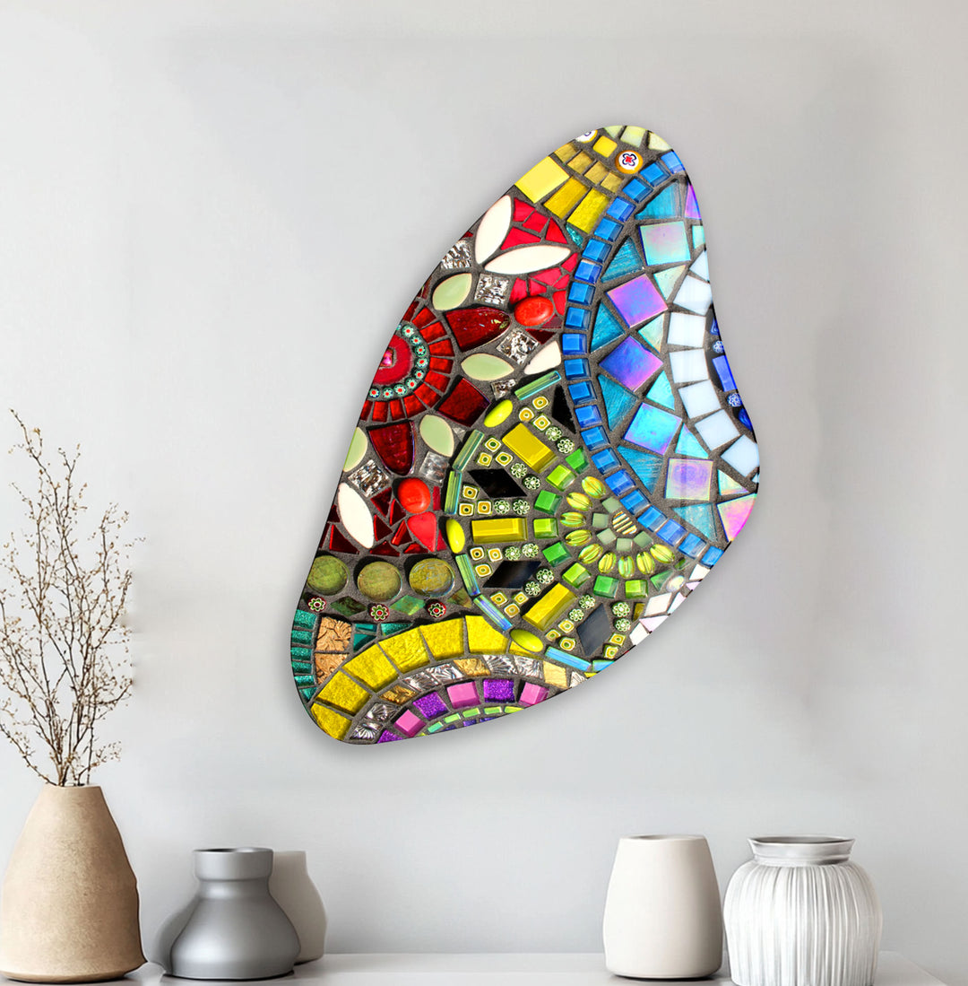 Yellow & Red Mosaic Asymmetrical Glass Wall Art, large glass photo prints, glass wall photos
