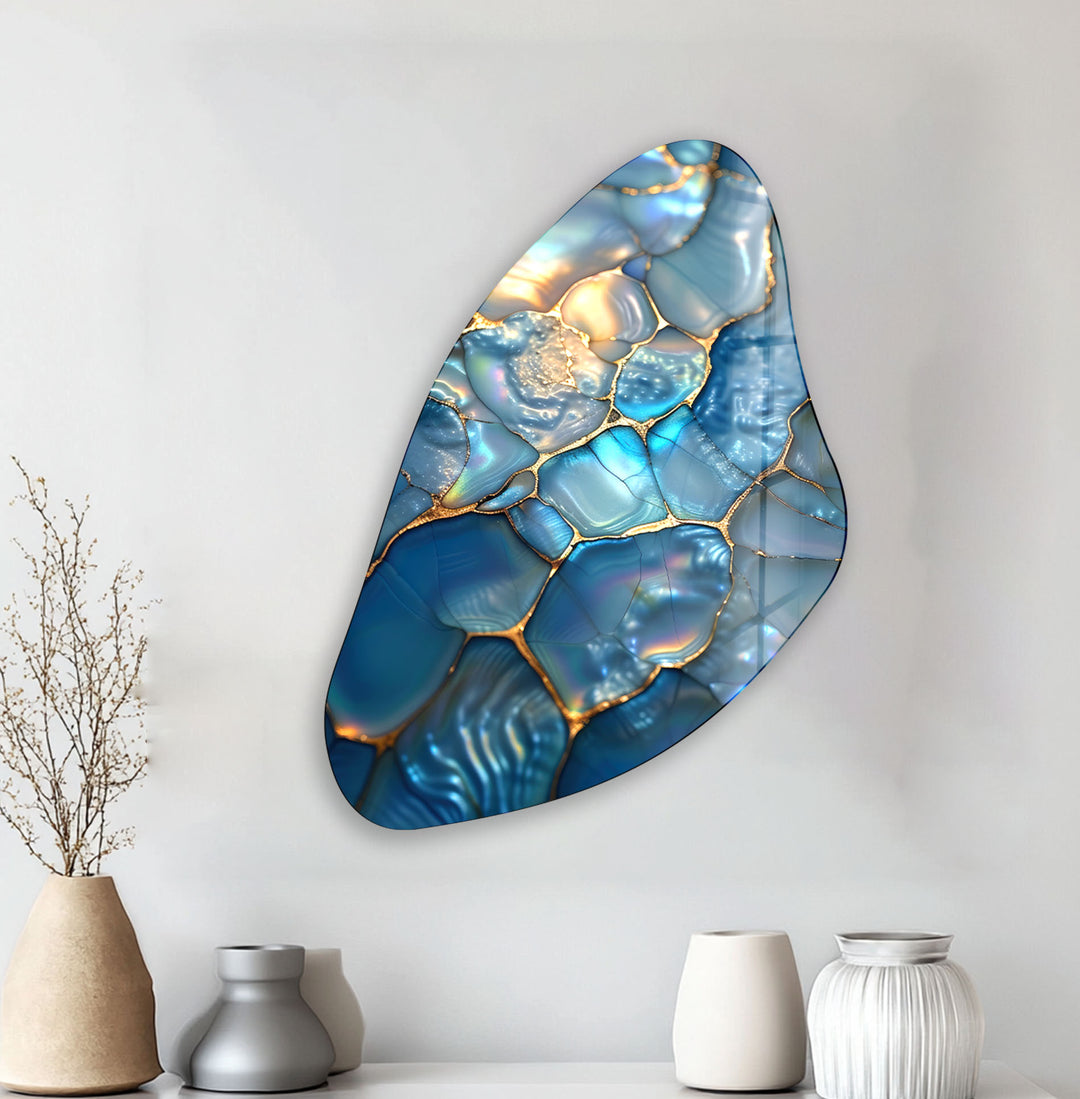 Blue Pearl Glossy Irregular Glass Wall Art, print picture on glass, Tempered Glass Wall Art
