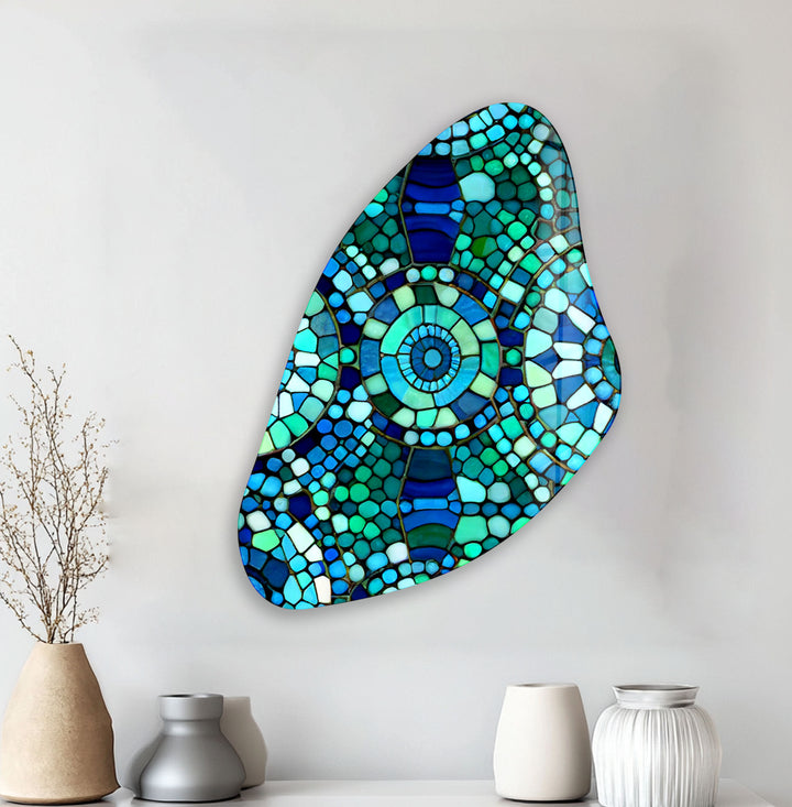 Green Mosaic Aesthetic Glass Wall Art, glass pictures for Wall, glass prints wall art
