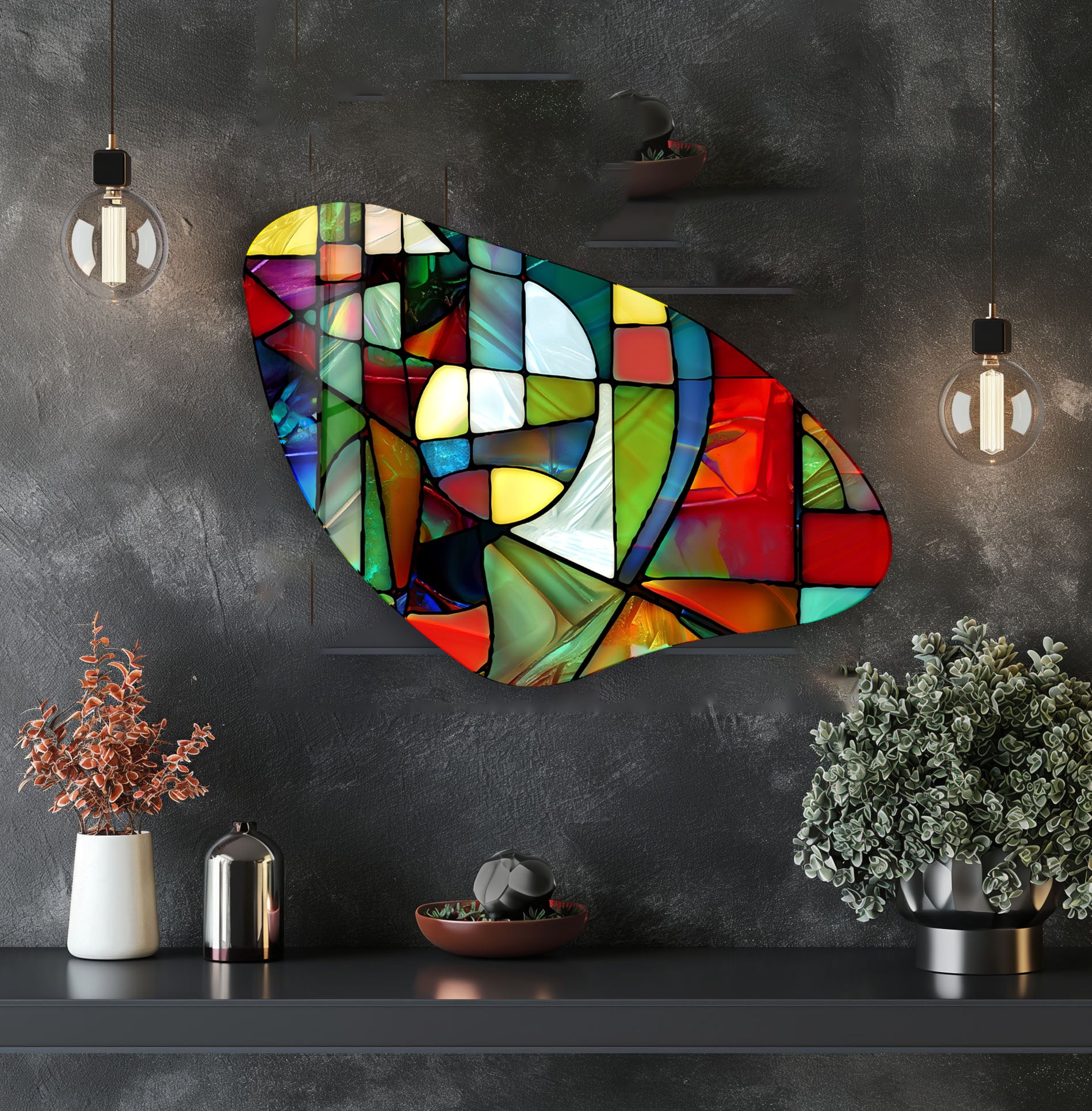 Red & Green Stained Irregular Glass Wall Art, print picture on glass, Tempered Glass Wall Art