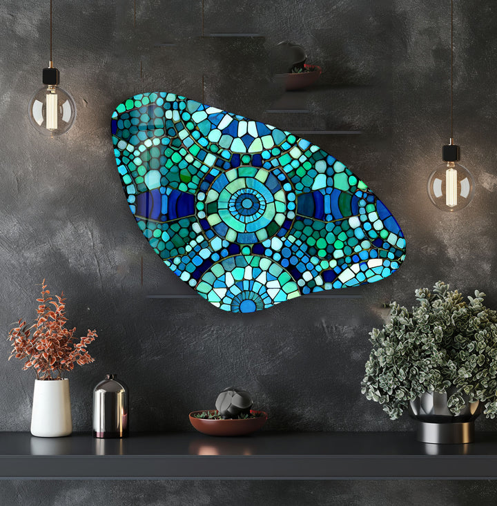 Green Mosaic Aesthetic Glass Wall Art, custom glass photo prints, large glass prints
