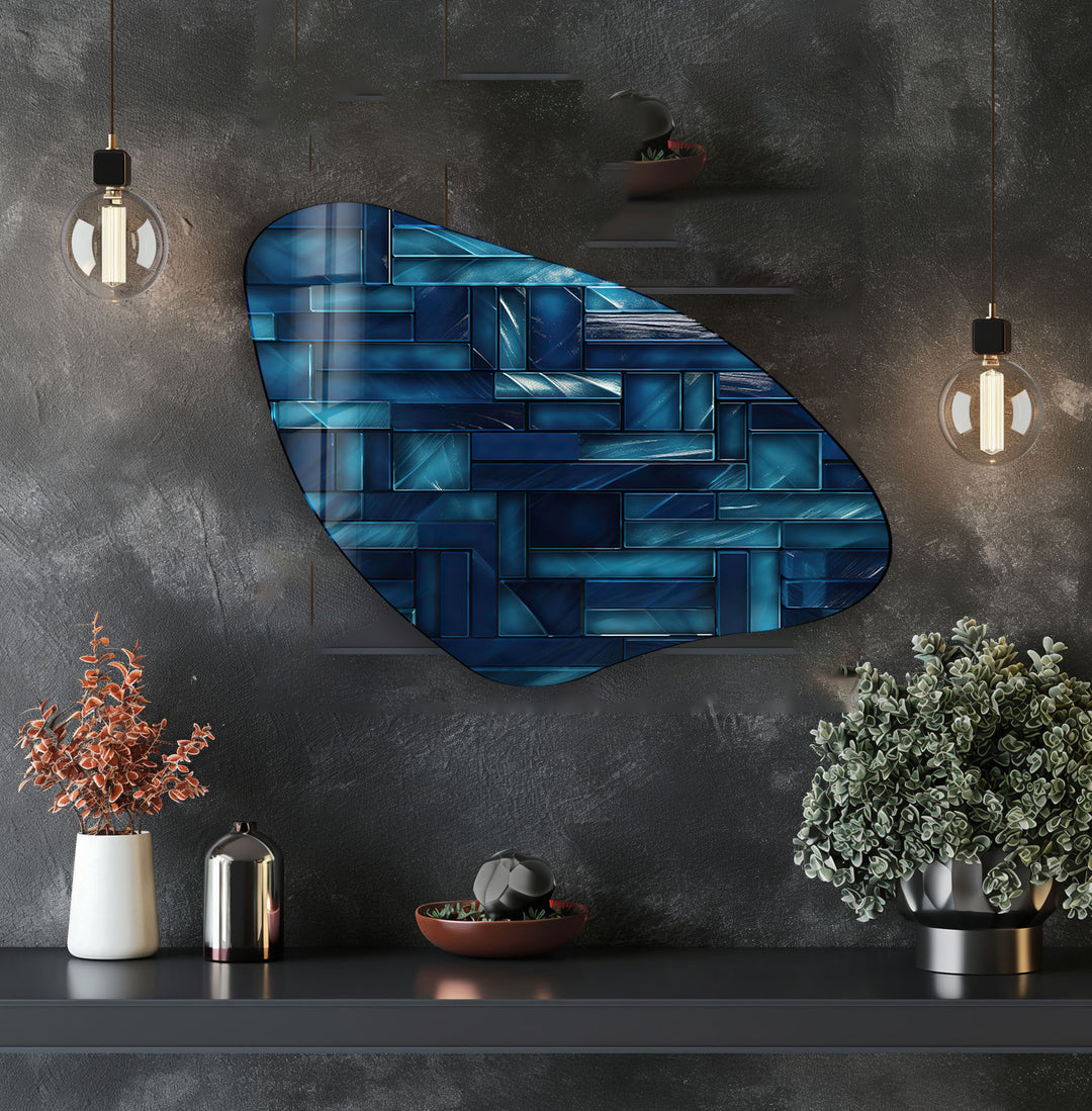 Blue Mosaic Tile Irregular Glass Wall Art, glass pictures for Wall, glass prints wall art
