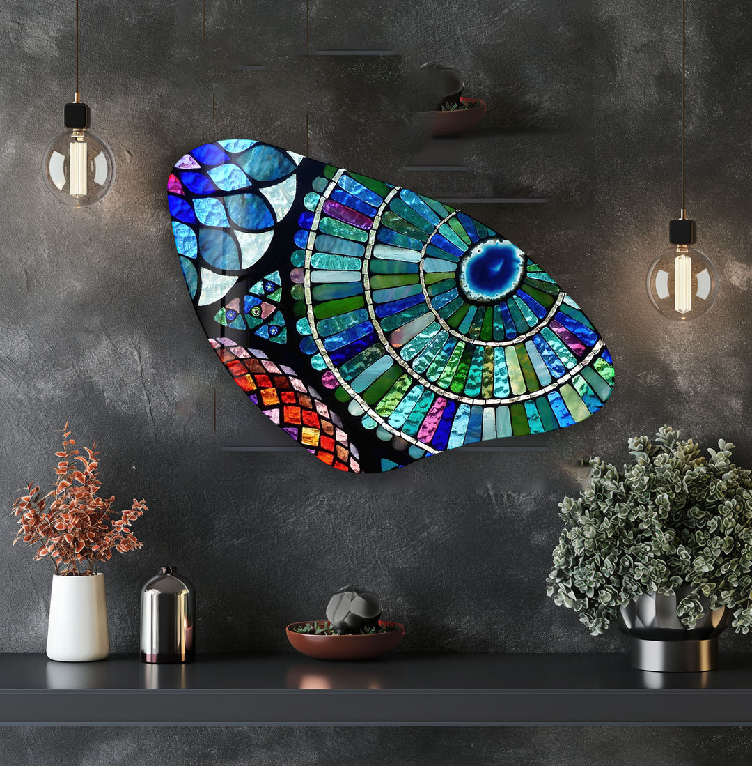 Blue Stained Pattern Aesthetic Glass Wall Art, glass photo prints, glass picture prints
