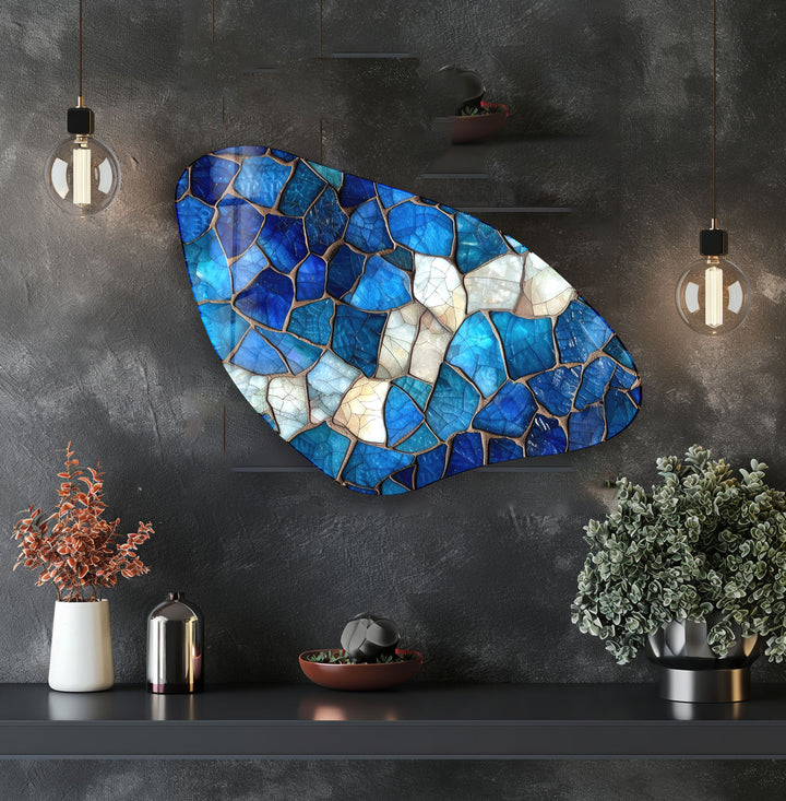 Aesthetic Blue Mosaic Asymmetrical Glass Wall Art, Glass Printing Wall Art, Print photos on glass
