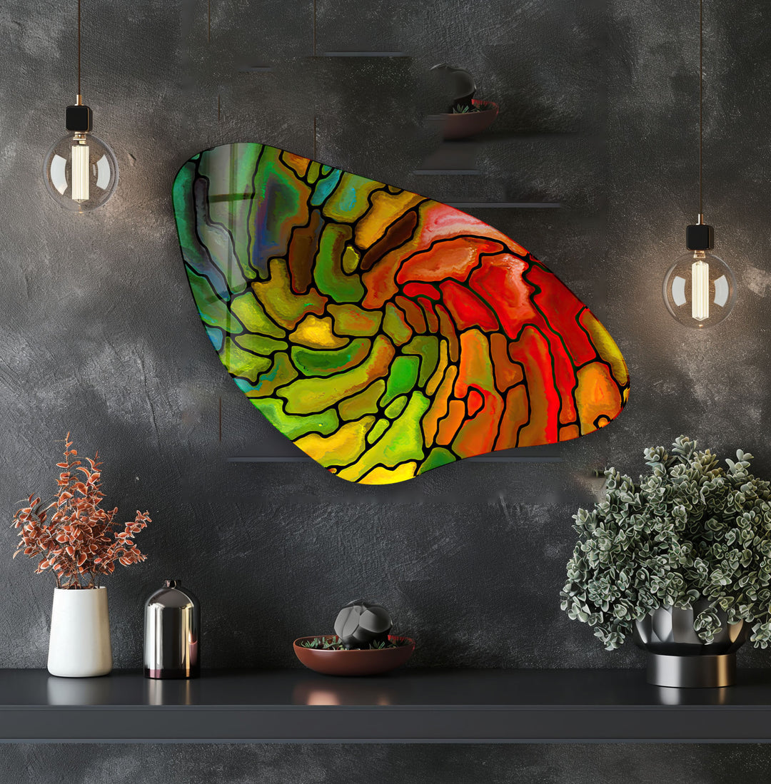 Green & Red Stained Irregular Glass Wall Art, print on glass, glass printed photos
