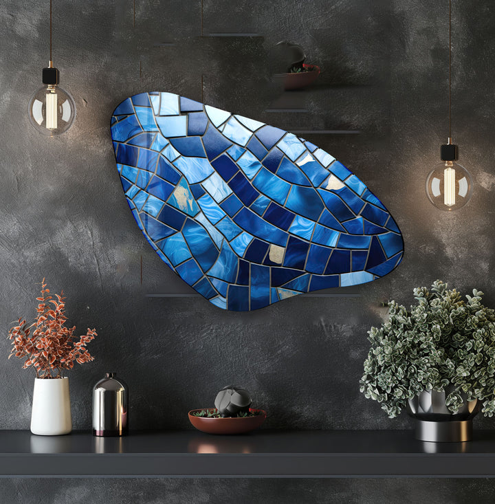 Blue Mosaic Style Aesthetic Glass Wall Art, Glass Printing Wall Art, Print photos on glass
