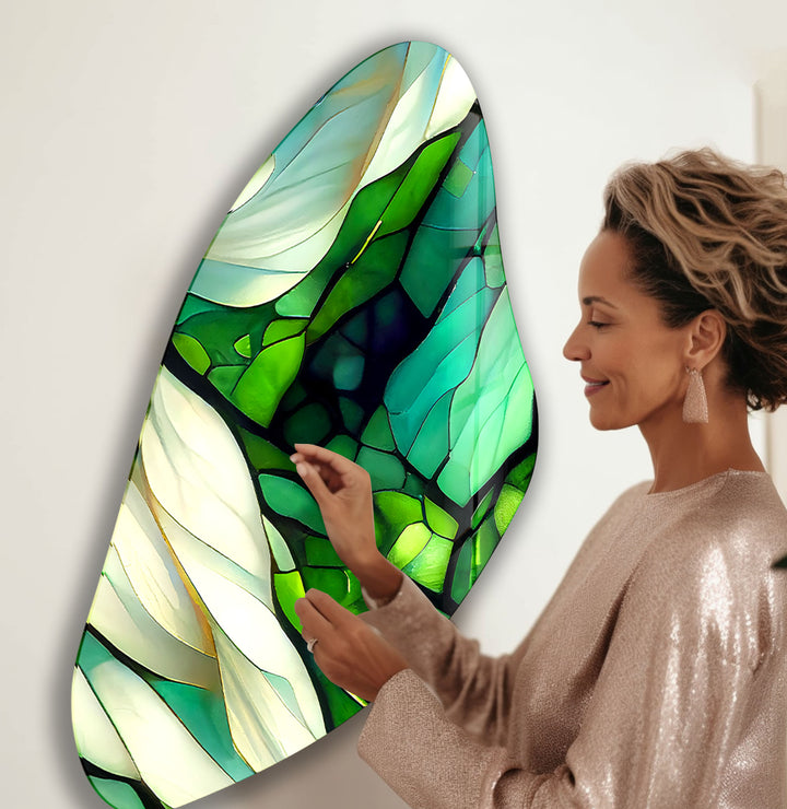 Green Stained Aesthetic Irregular Glass Wall Art, picture on glass wall art, photos printed on glass
