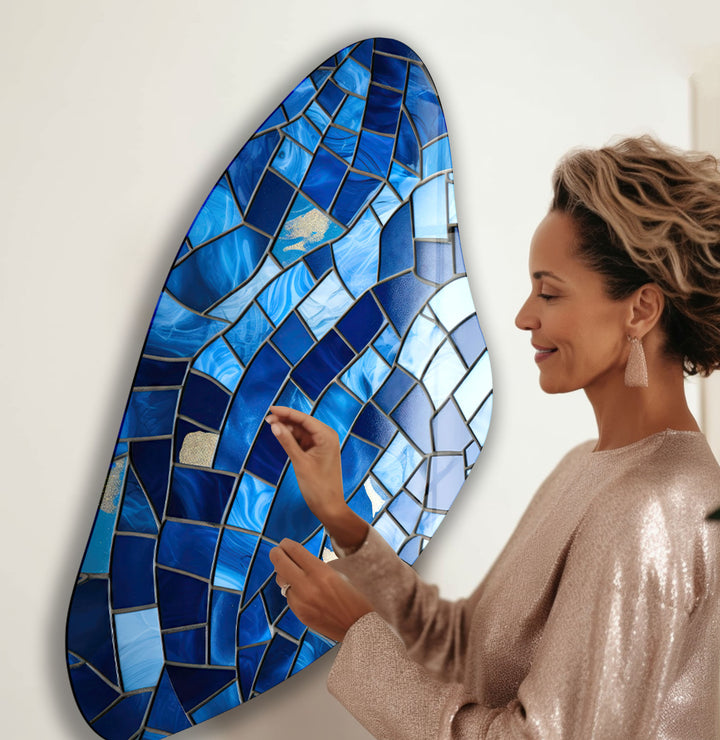 Blue Mosaic Style Aesthetic Glass Wall Art, Blue Mosaic Style Aesthetic Glass Wall Art