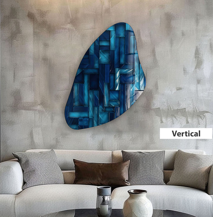 Blue Mosaic Tile Irregular Glass Wall Art, large glass photo prints, glass wall photos
