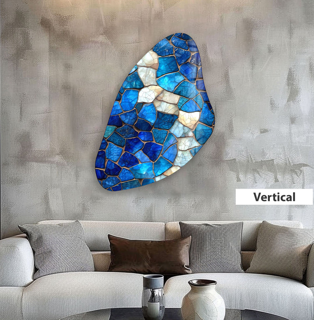 Aesthetic Blue Mosaic Asymmetrical Glass Wall Art, glass art painting, glass art for the Wall
