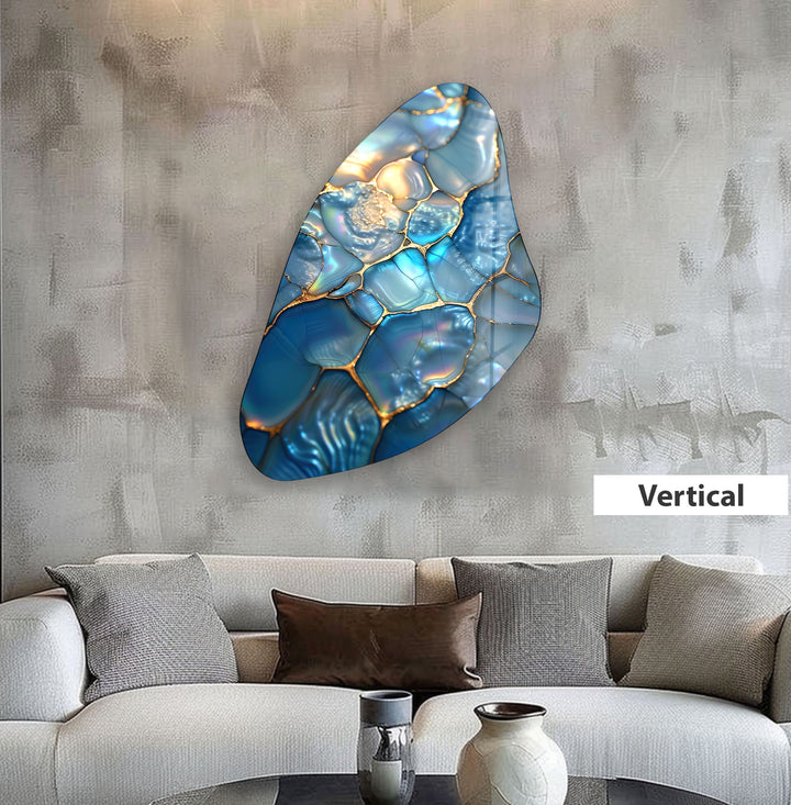 Blue Pearl Glossy Irregular Glass Wall Art, Glass Printing Wall Art, Print photos on glass
