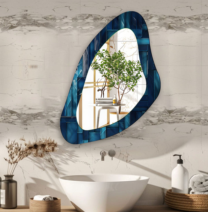 Modern Blue Tile Asymmetrical Wall Mirror