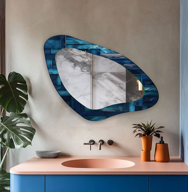 Modern Blue Tile Asymmetrical Wall Mirror