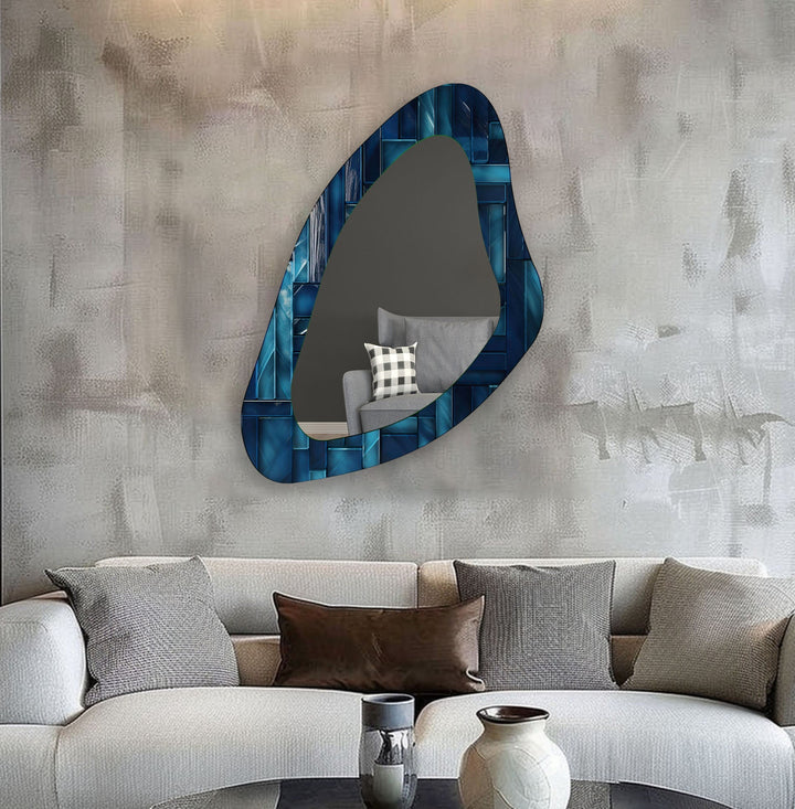 Modern Blue Tile Asymmetrical Wall Mirror